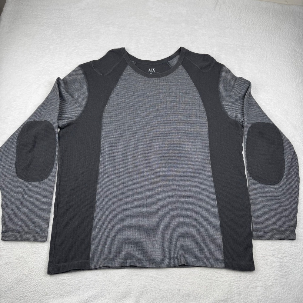 Armani Exchange Thermal Shirt Mens XXL Gray Black Colorblock Elbow Patch Waffle